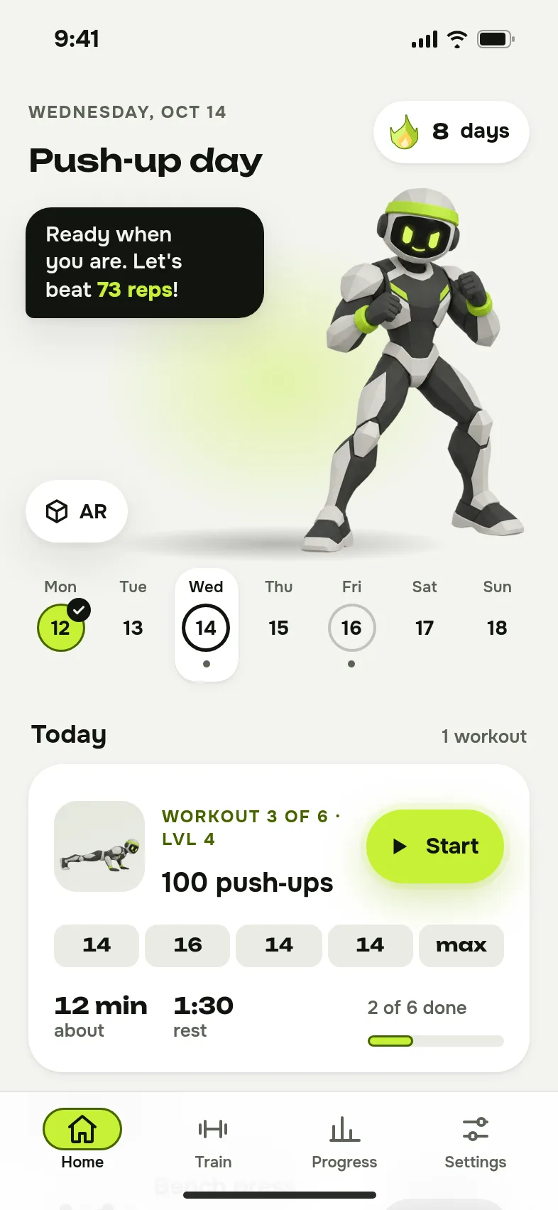 Sportsmen home screen: Iron the robot athlete, week plan and today’s push-up workout