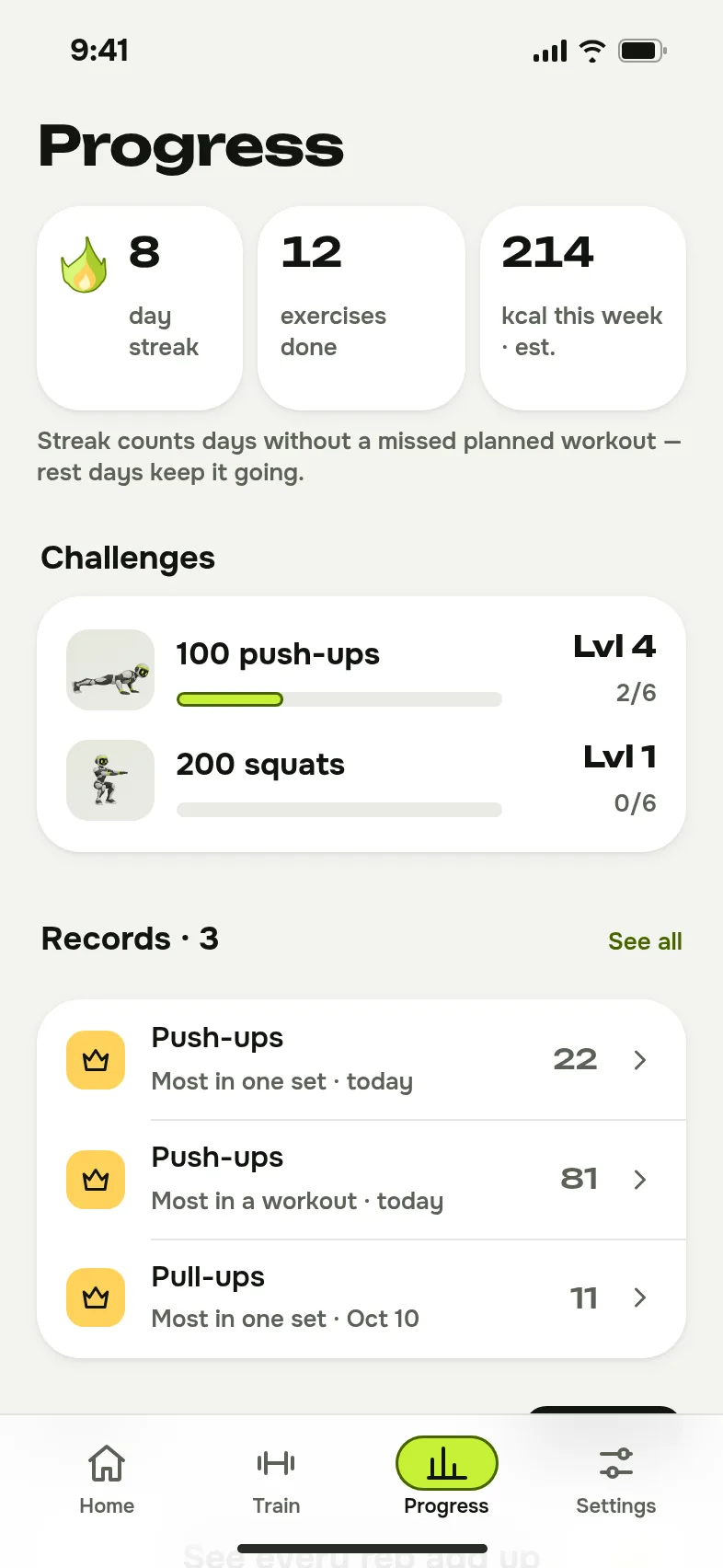 Progress screen with activity and records