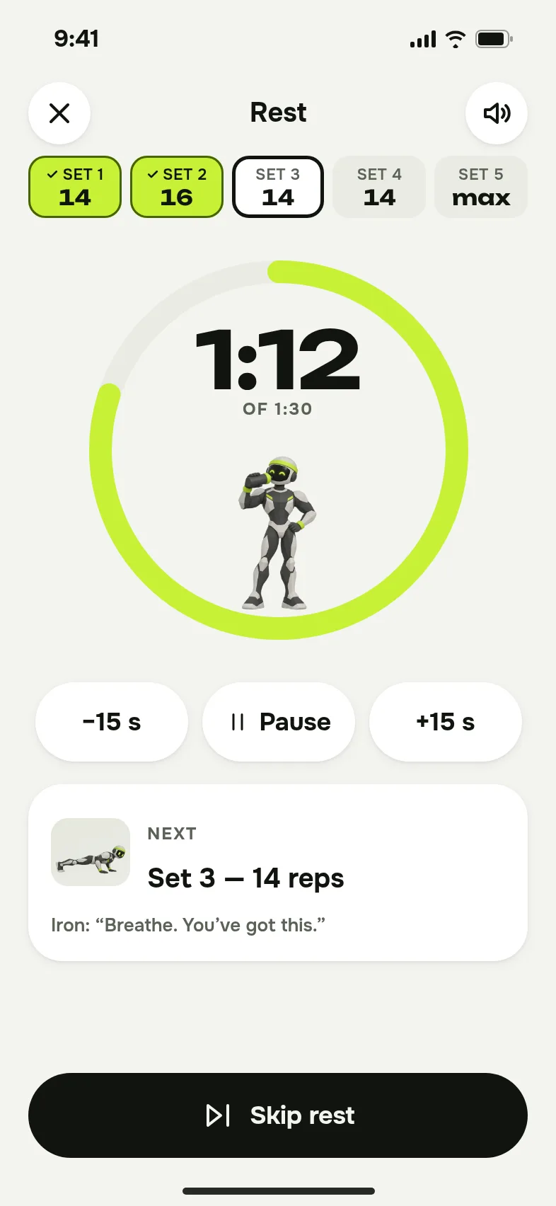 Rest timer screen between set 2 and set 3